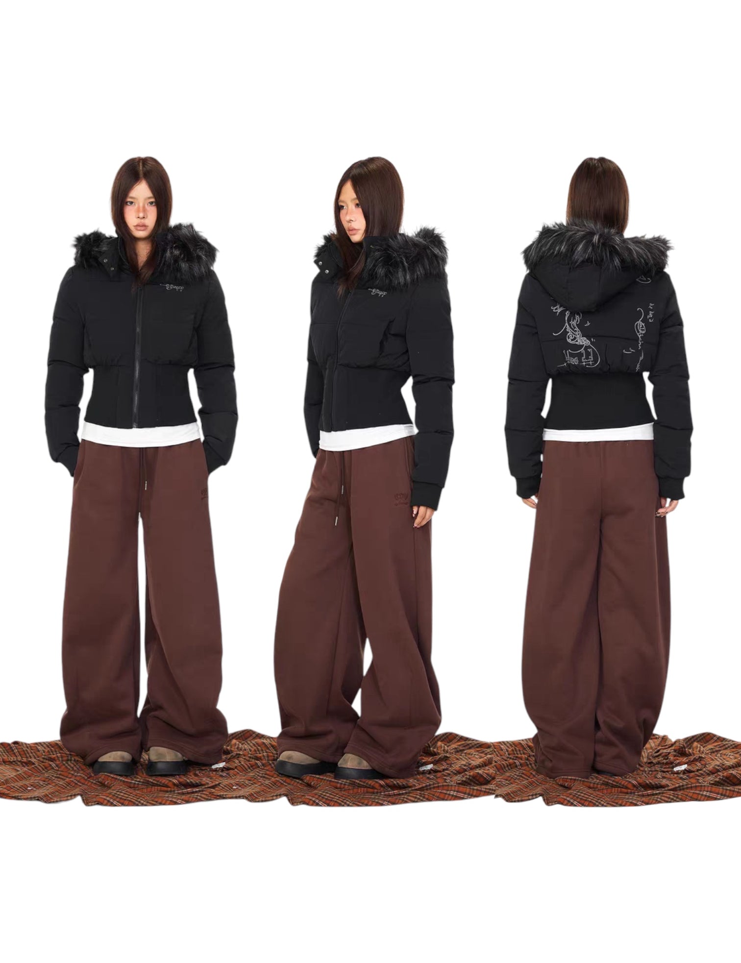 Graffiti Back Faux Fur Puffer Jacket