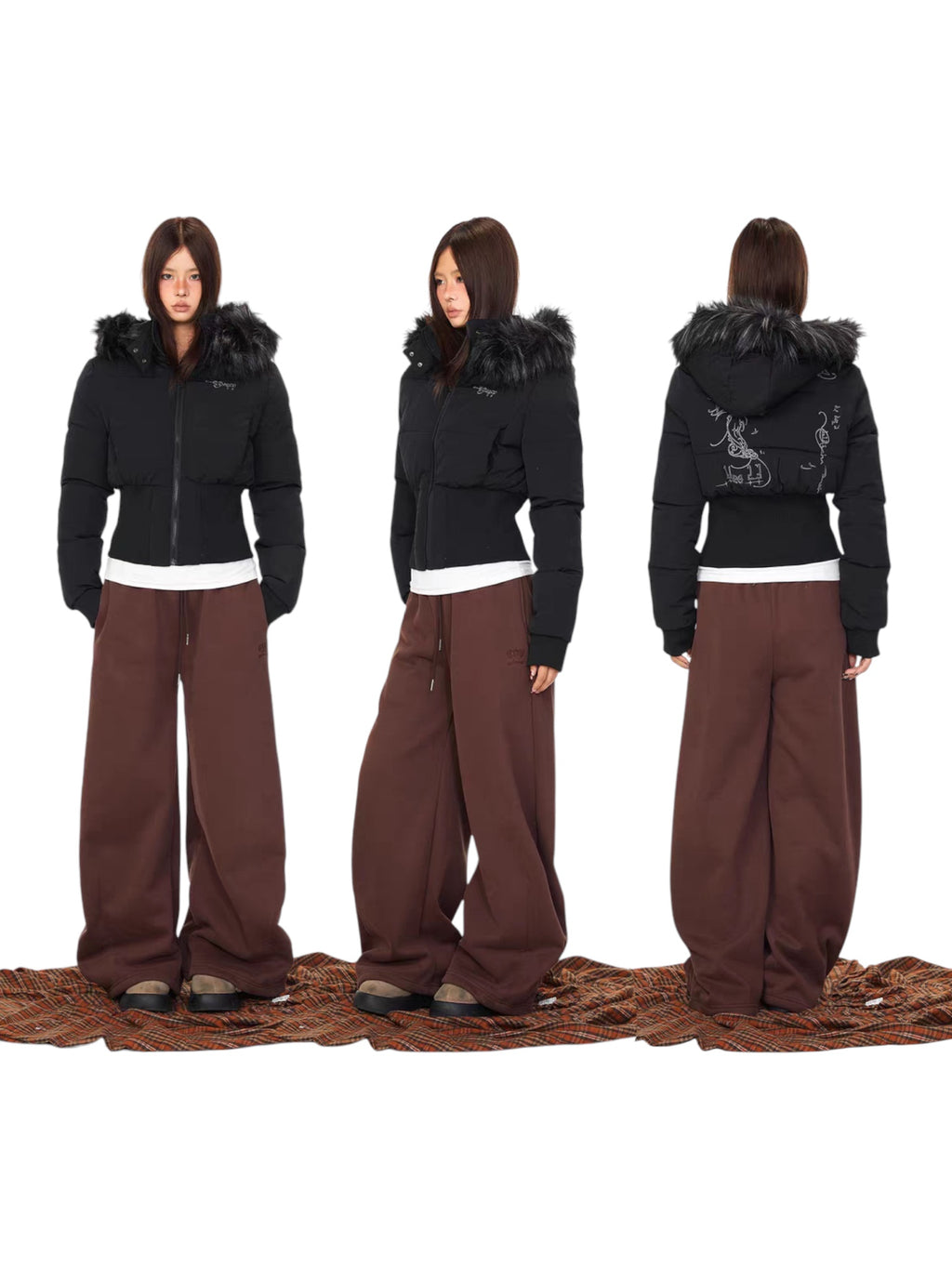 Graffiti Back Faux Fur Puffer Jacket