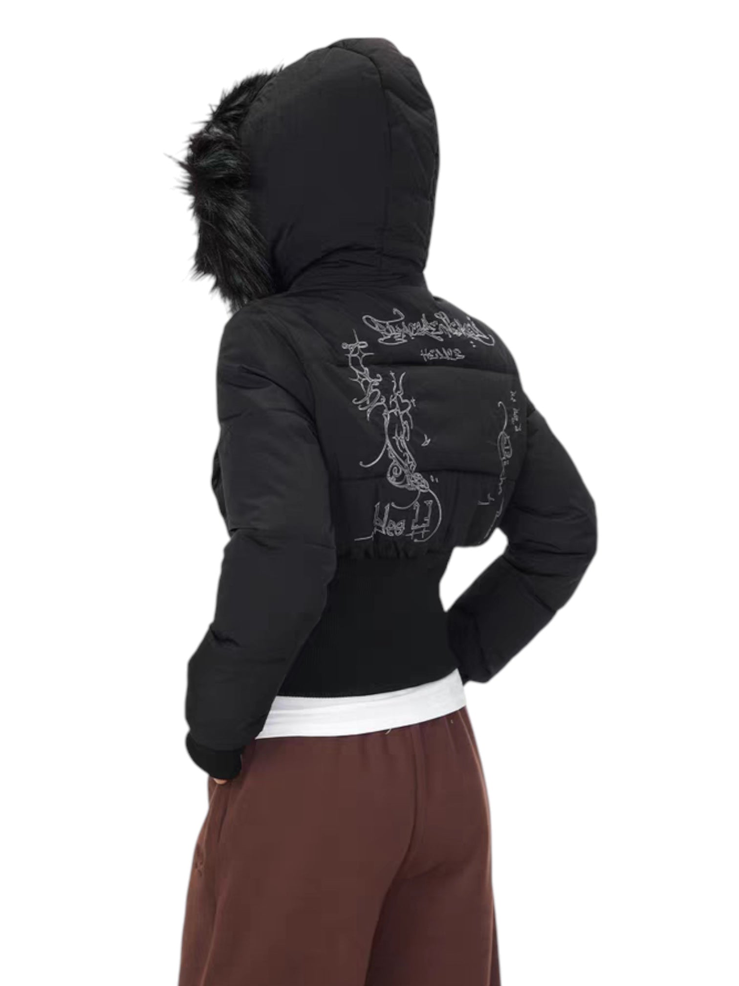 Graffiti Back Faux Fur Puffer Jacket