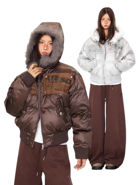 GKIKZ URBAN ARCHIVE EMBROIDERED FUR-HOOD PUFFER JACKET