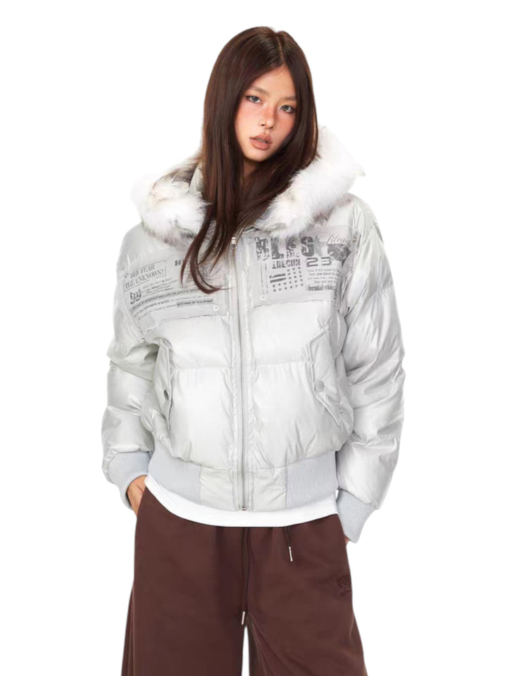 GKIKZ URBAN ARCHIVE EMBROIDERED FUR-HOOD PUFFER JACKET