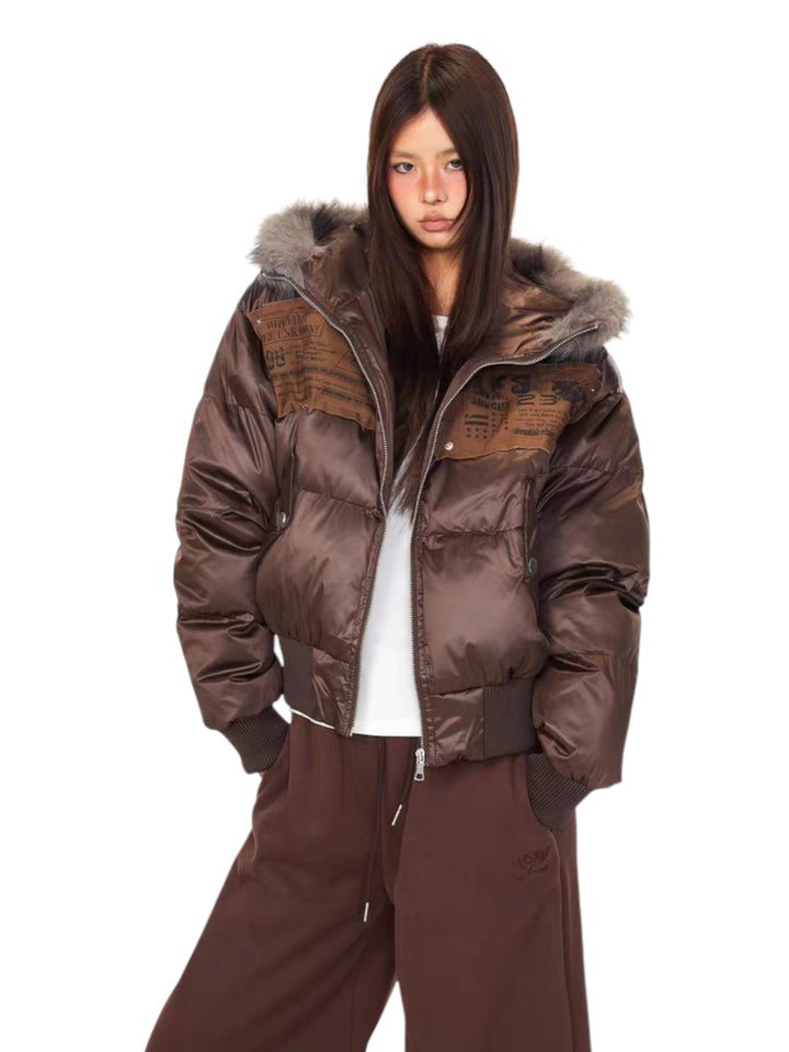 GKIKZ URBAN ARCHIVE EMBROIDERED FUR-HOOD PUFFER JACKET