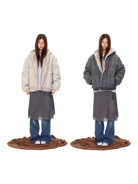 GKIKZ VINTAGE DISTRESSED FUR HOODED JACKET