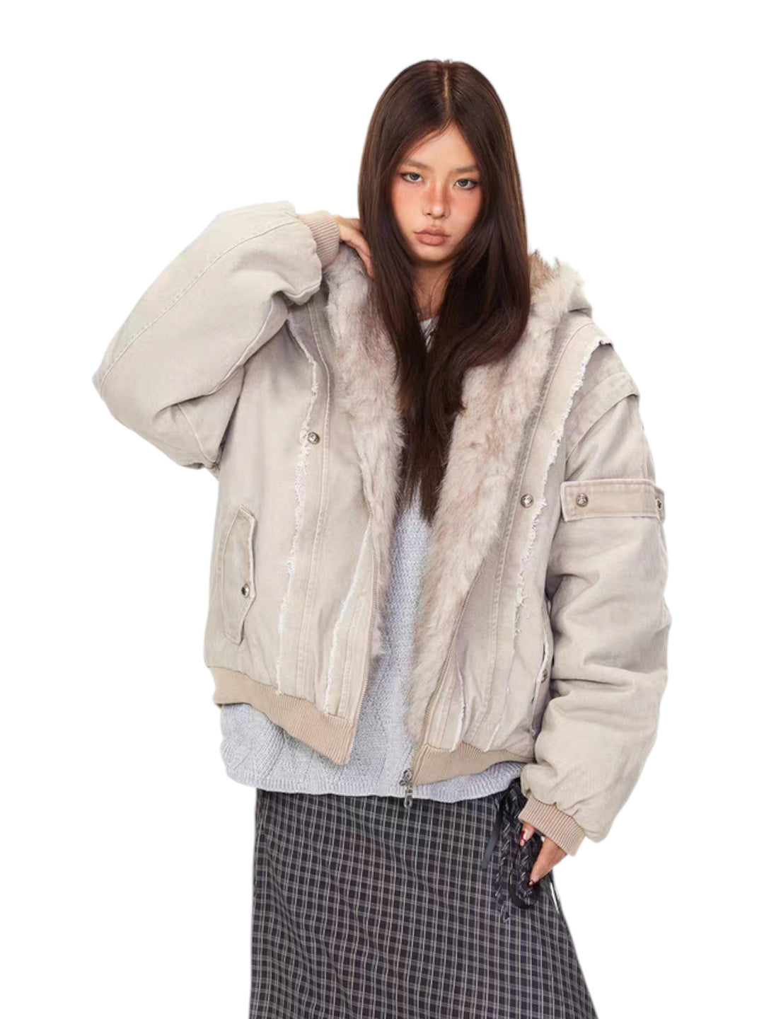 GKIKZ VINTAGE DISTRESSED FUR HOODED JACKET