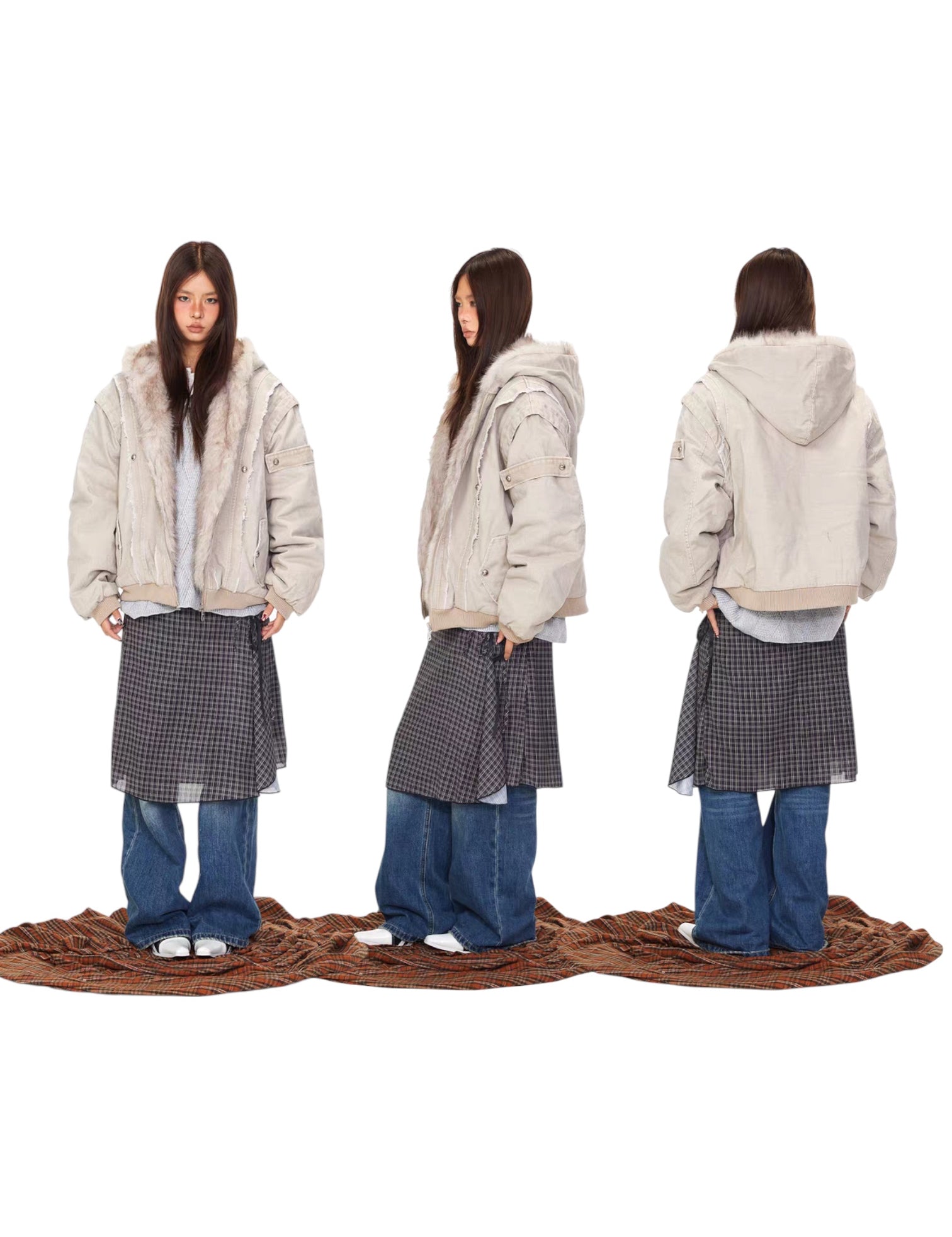 Vintage Distressed Fur Hooded Jacket