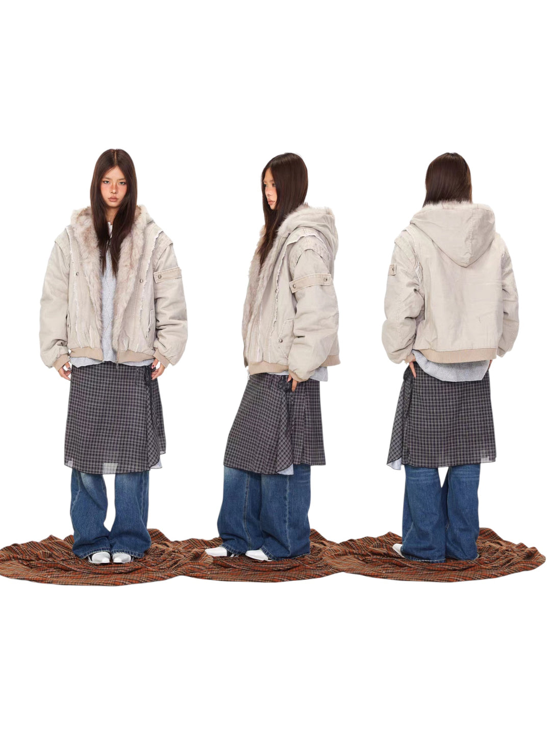 GKIKZ VINTAGE DISTRESSED FUR HOODED JACKET