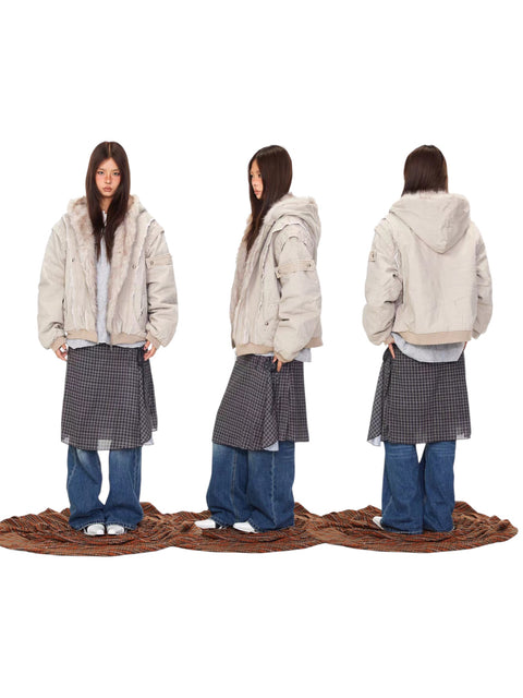 GKIKZ VINTAGE DISTRESSED FUR HOODED JACKET