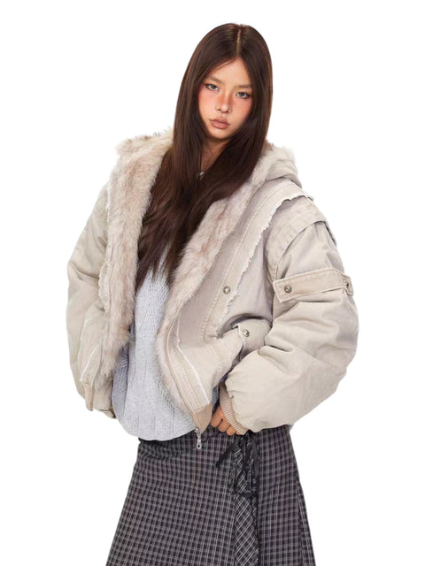 GKIKZ VINTAGE DISTRESSED FUR HOODED JACKET
