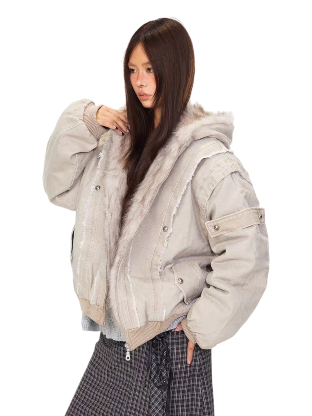 GKIKZ VINTAGE DISTRESSED FUR HOODED JACKET