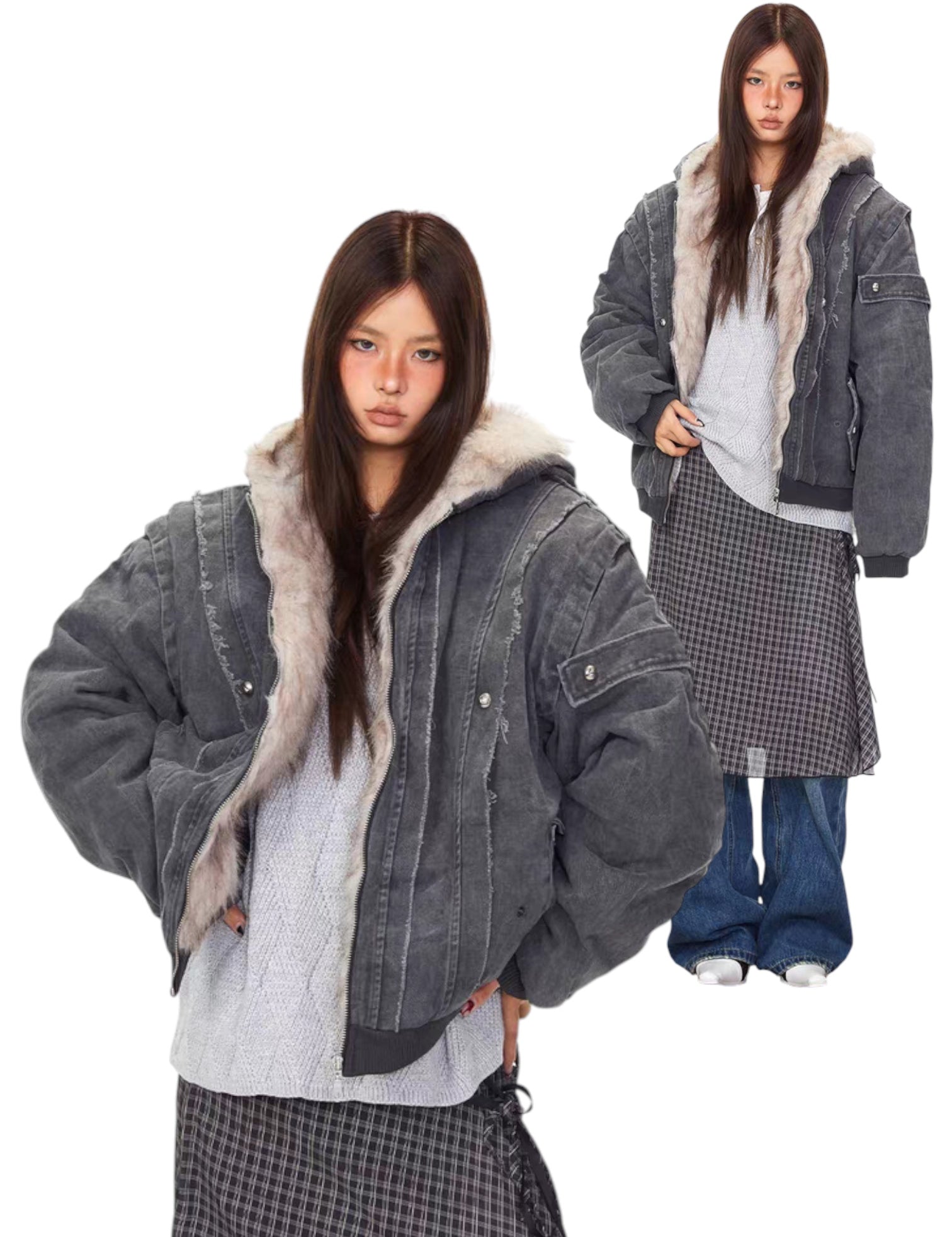 Vintage Distressed Fur Hooded Jacket