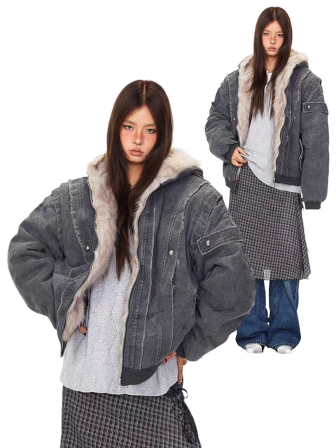 GKIKZ VINTAGE DISTRESSED FUR HOODED JACKET
