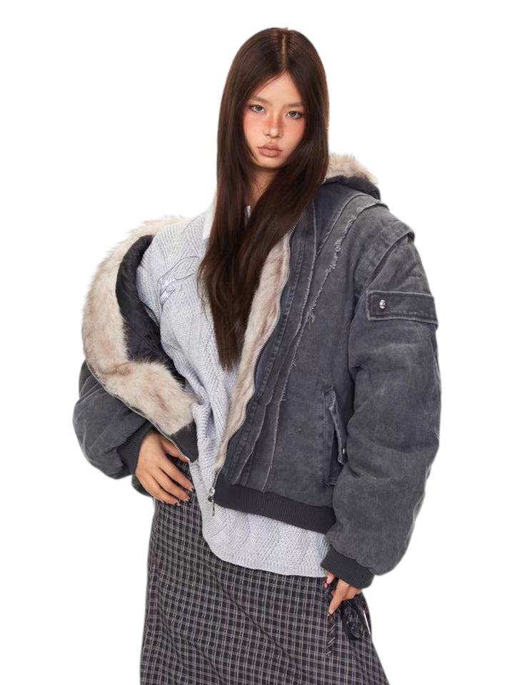 GKIKZ VINTAGE DISTRESSED FUR HOODED JACKET