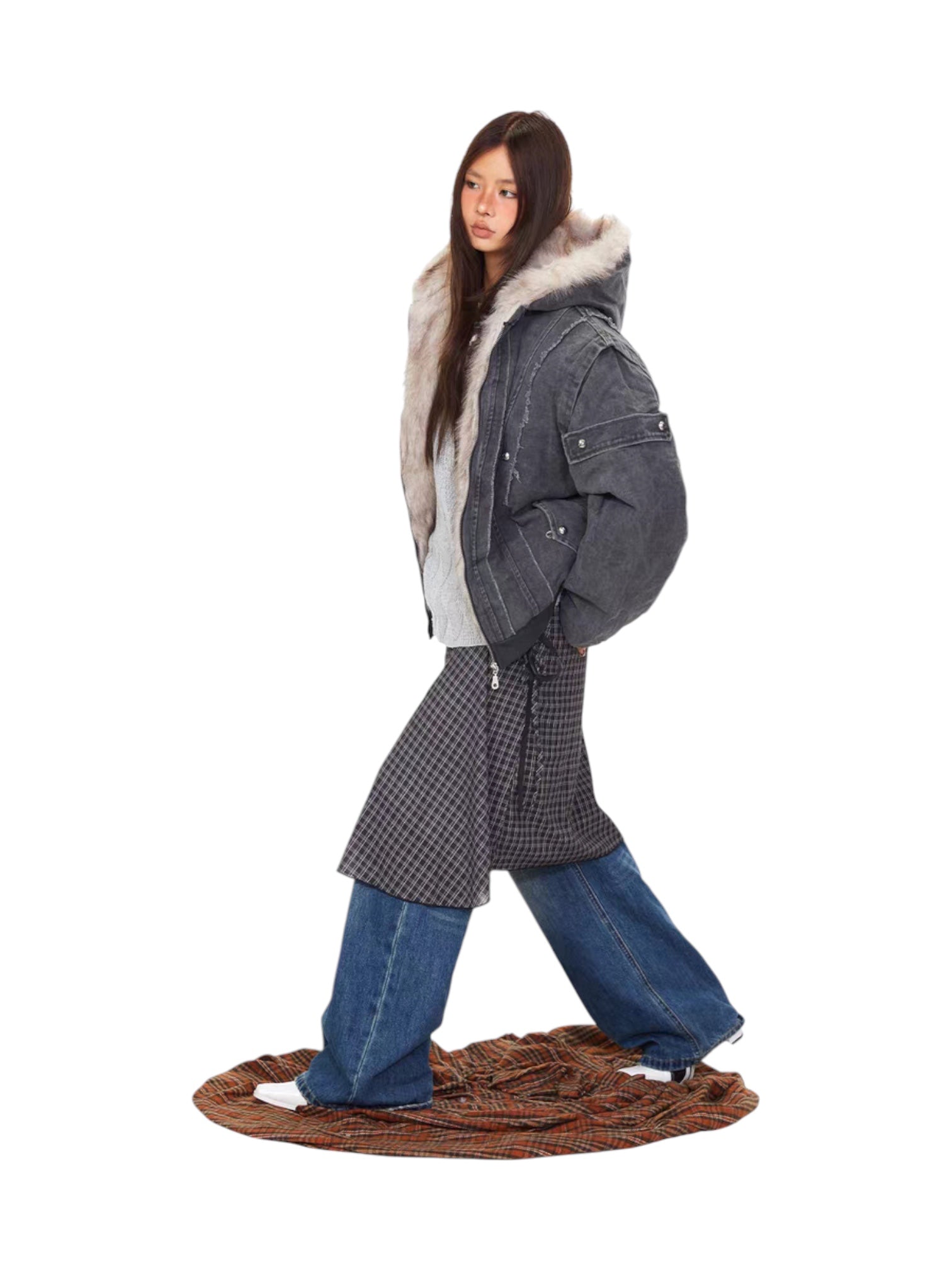 Vintage Distressed Fur Hooded Jacket