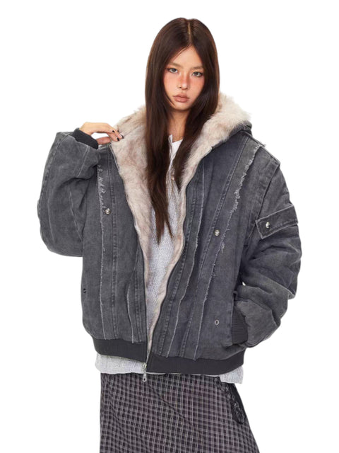 GKIKZ VINTAGE DISTRESSED FUR HOODED JACKET