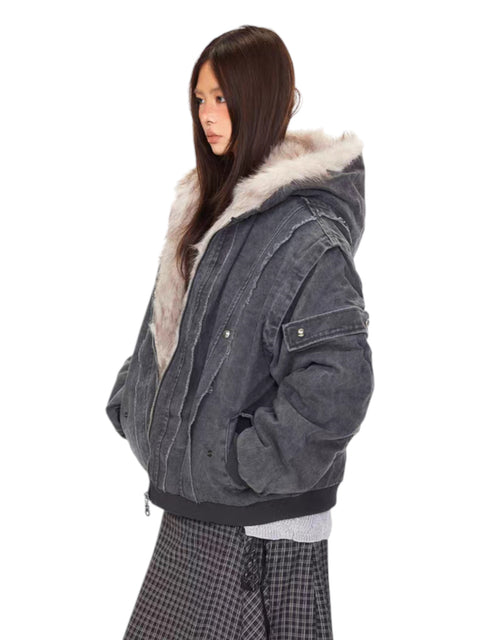 GKIKZ VINTAGE DISTRESSED FUR HOODED JACKET