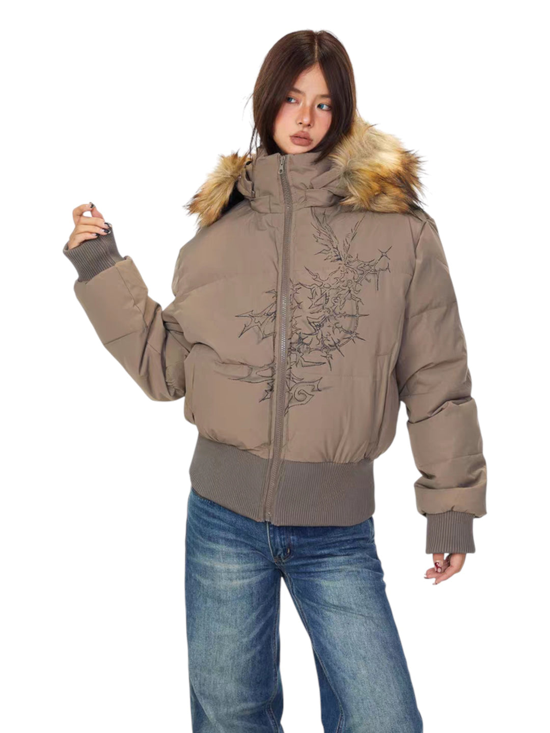 GKIKZ FAUX FUR-LINED COTTON HOODED PUFFER JACKET