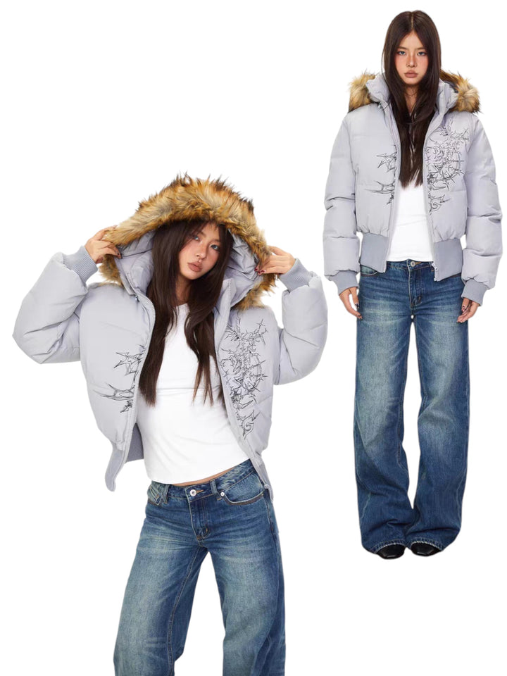 GKIKZ FAUX FUR-LINED COTTON HOODED PUFFER JACKET