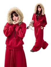 [BOGO DEAL] Fur-Hooded Cotton Street Set – Brick Red Full Body Set
