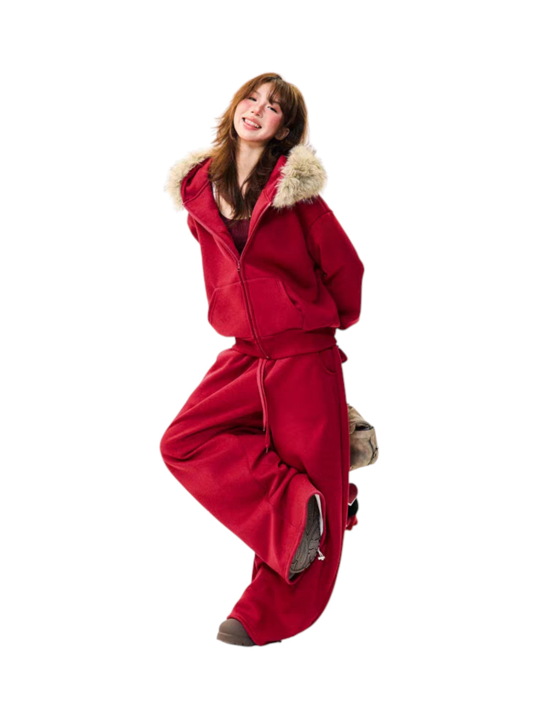 GKIKZ FUR-HOODED COTTON STREET SET – BRICK RED FULL BODY SET