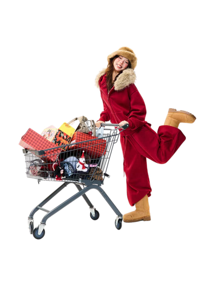 GKIKZ FUR-HOODED COTTON STREET SET – BRICK RED FULL BODY SET