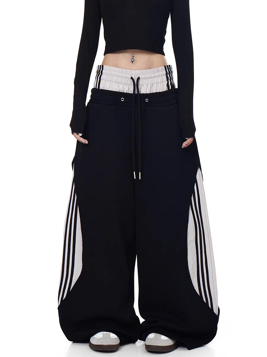Dual-waist striped wide-leg track pants — women's streetwear