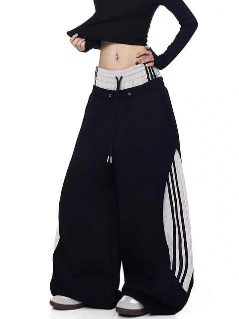 Dualwaist Striped Wide-Leg Track Pants