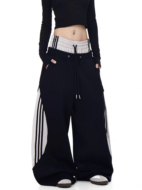 Dualwaist Striped Wide-Leg Track Pants