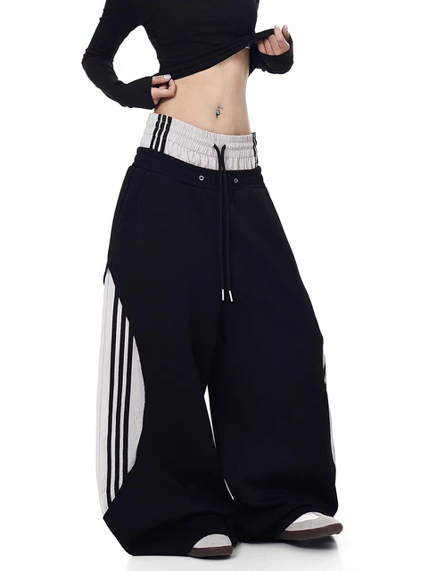 Dualwaist Striped Wide-Leg Track Pants