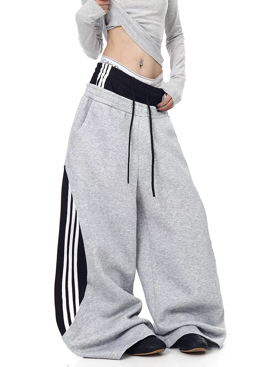 Dual-waist striped wide-leg track pants — women's streetwear