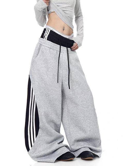 Dualwaist Striped Wide-Leg Track Pants