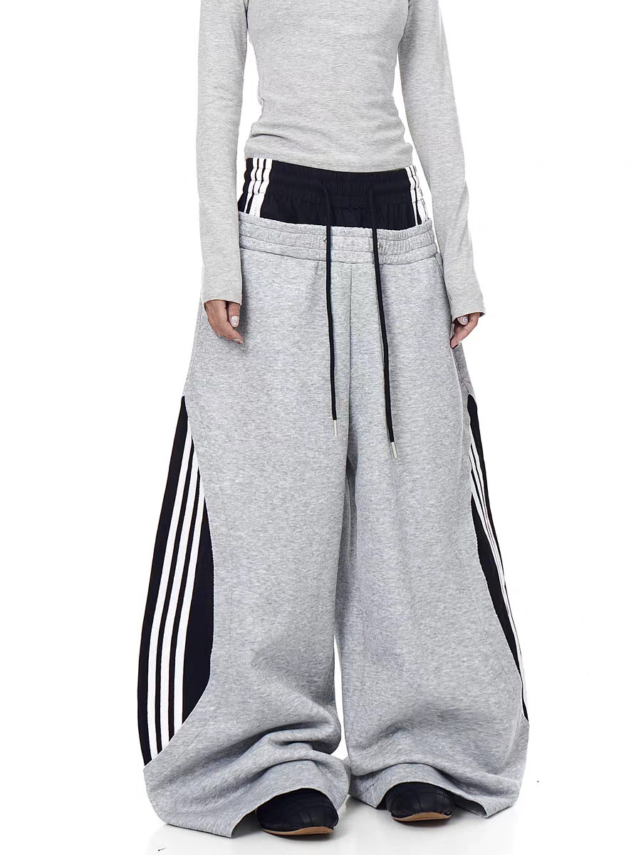 Dual-waist striped wide-leg track pants — women's streetwear