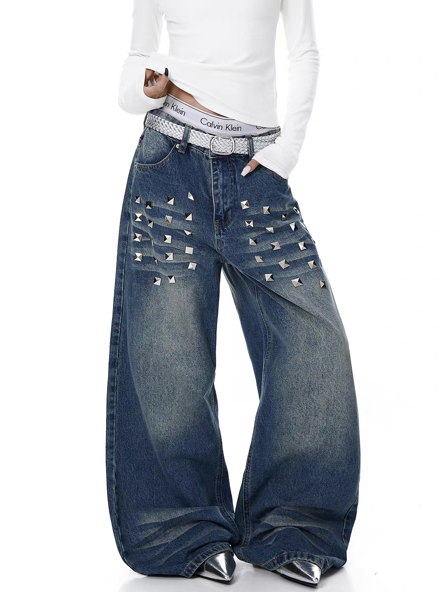 Pyramid Punk Studded Wide-Leg Denim Pant