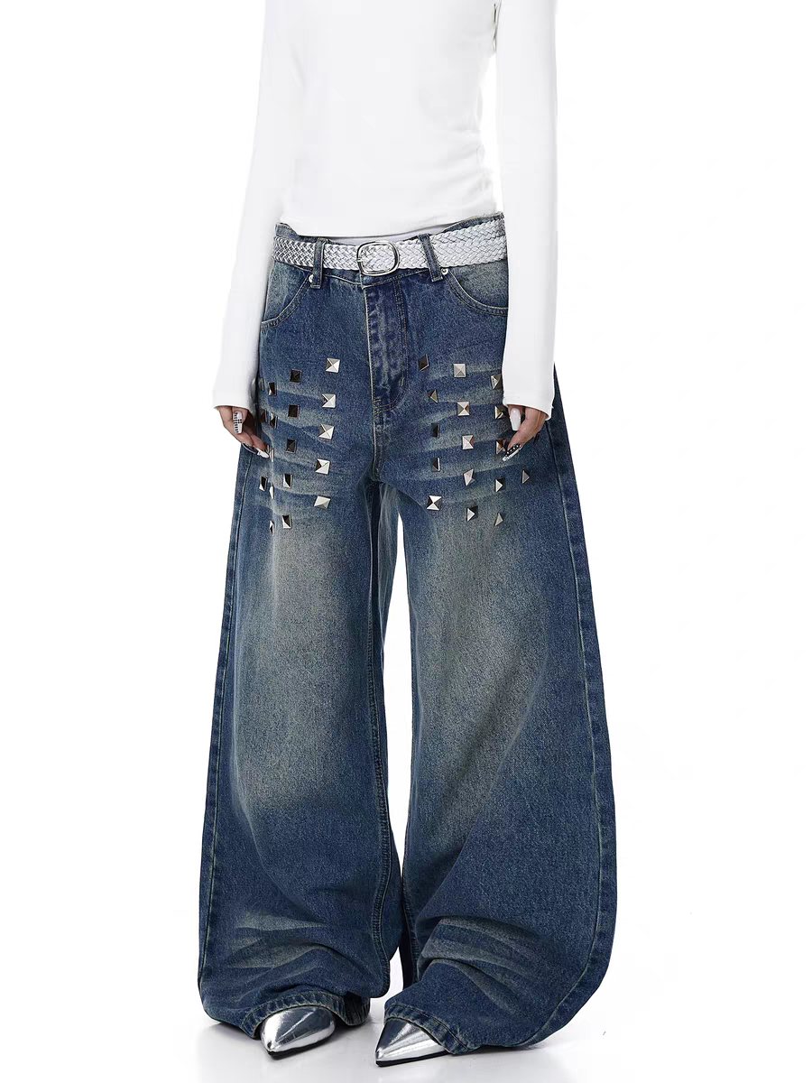 Pyramid Punk Studded Wide-Leg Denim Pant