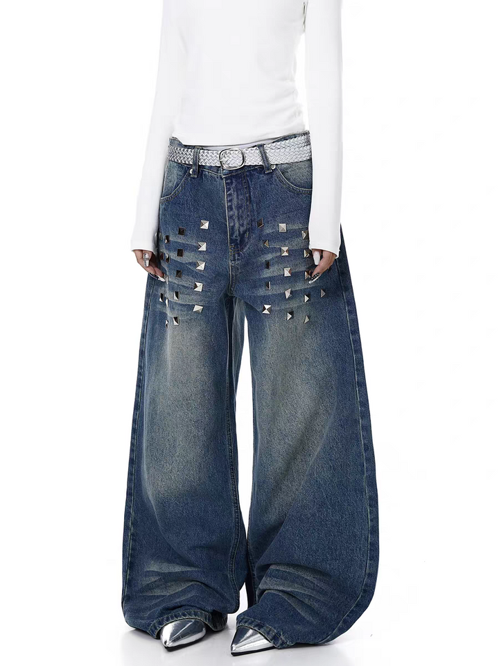GKIKZ PYRAMID PUNK STUDDED WIDE-LEG DENIM PANT