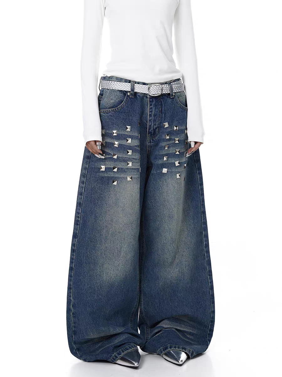 Pyramid Punk Studded Wide-Leg Denim Pant