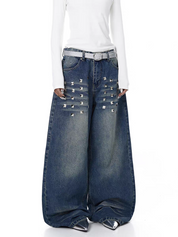 Pyramid Punk Studded Wide-Leg Denim Pant