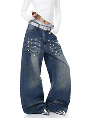 Pyramid Punk Studded Wide-Leg Denim Pant