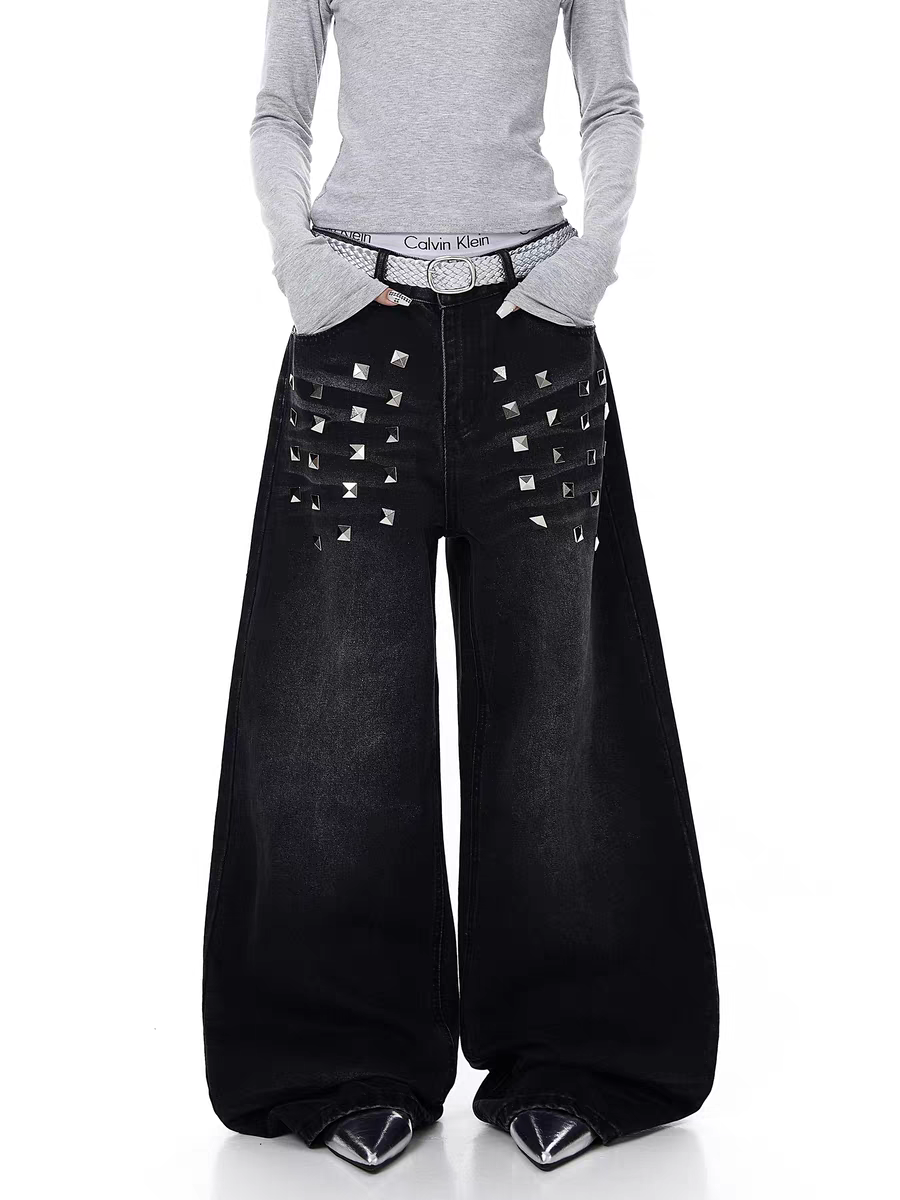 Pyramid Punk Studded Wide-Leg Denim Pant