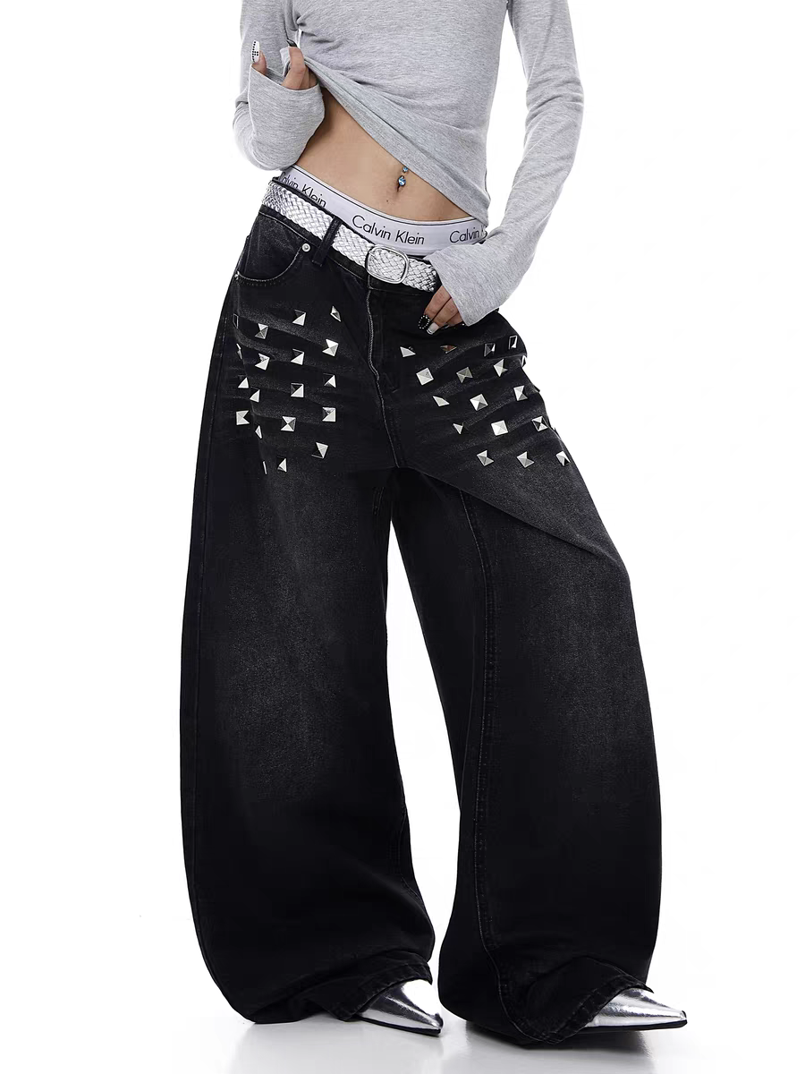 Pyramid Punk Studded Wide-Leg Denim Pant