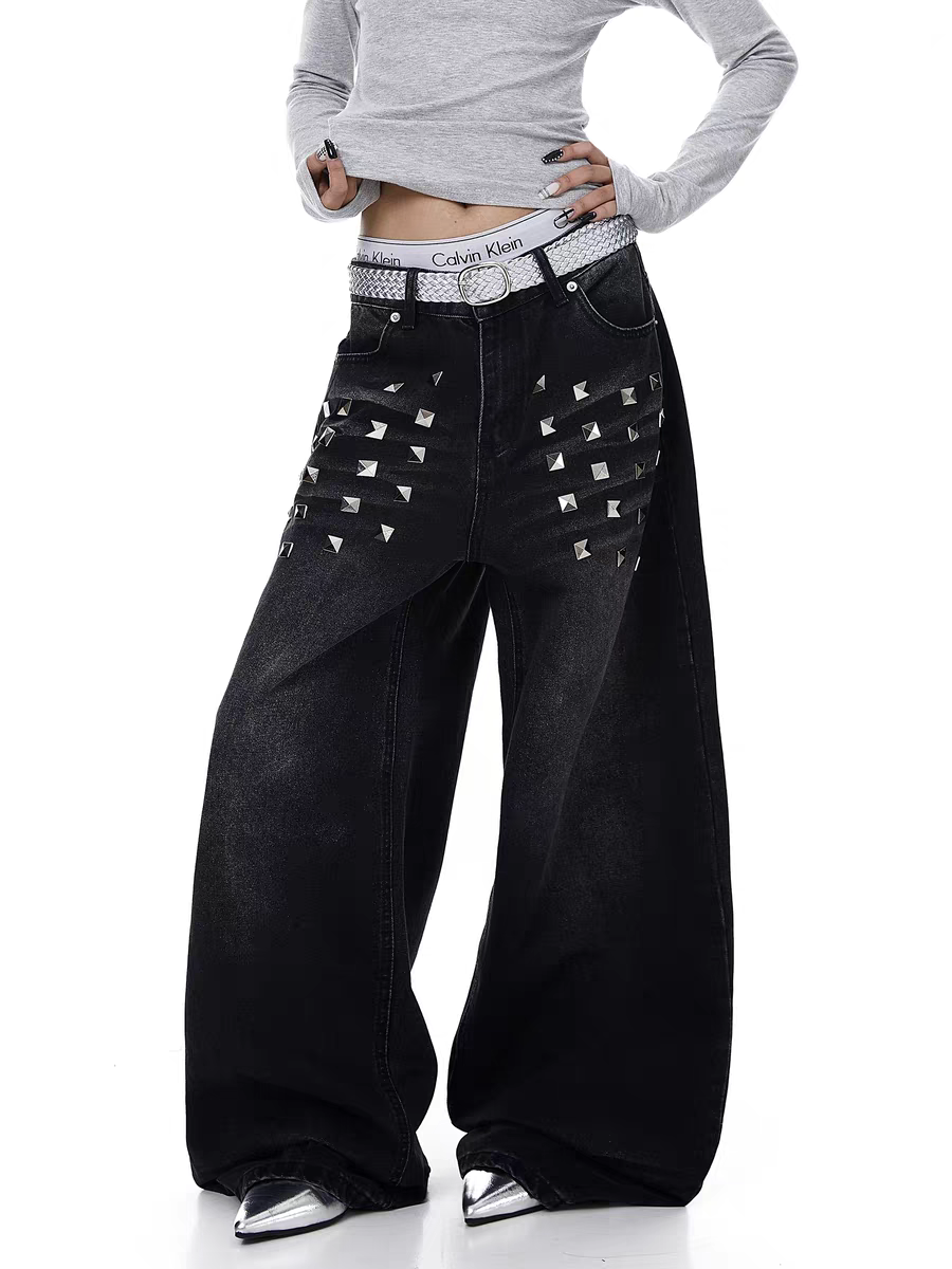 Pyramid Punk Studded Wide-Leg Denim Pant