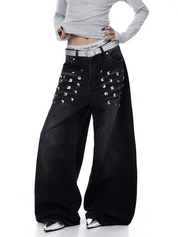 Pyramid Punk Studded Wide-Leg Denim Pant