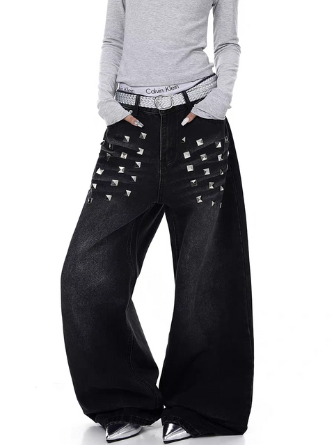 GKIKZ PYRAMID PUNK STUDDED WIDE-LEG DENIM PANT