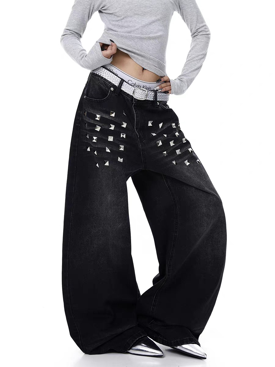 Pyramid Punk Studded Wide-Leg Denim Pant