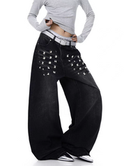 Pyramid Punk Studded Wide-Leg Denim Pant