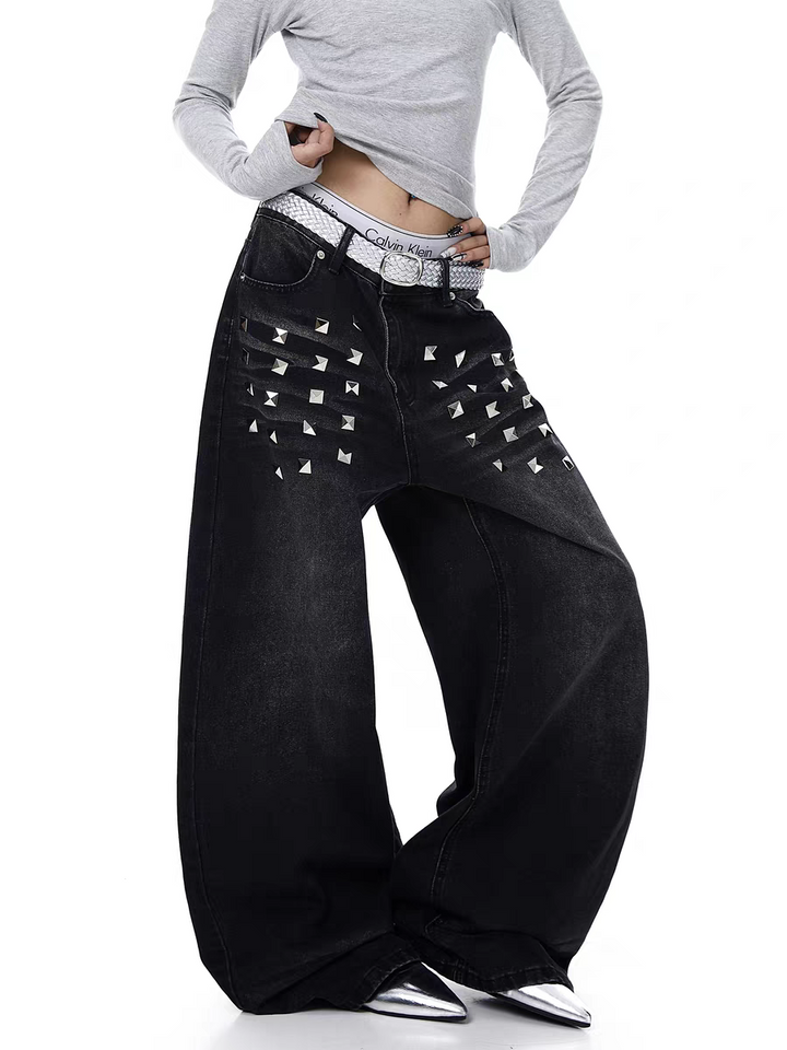 GKIKZ PYRAMID PUNK STUDDED WIDE-LEG DENIM PANT