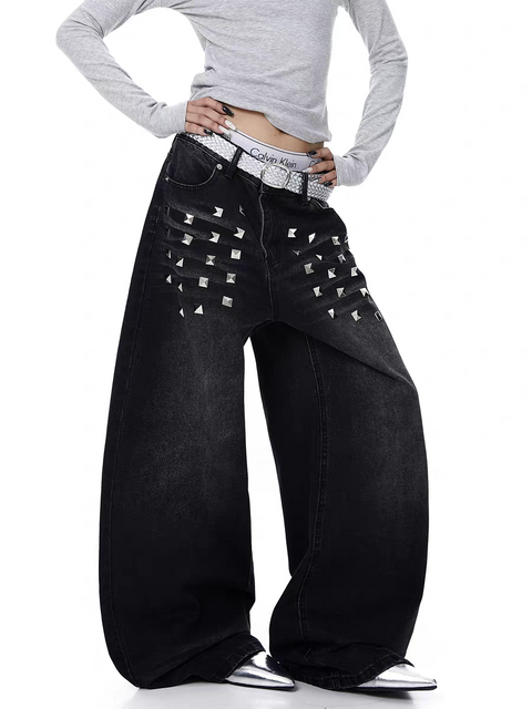 GKIKZ PYRAMID PUNK STUDDED WIDE-LEG DENIM PANT