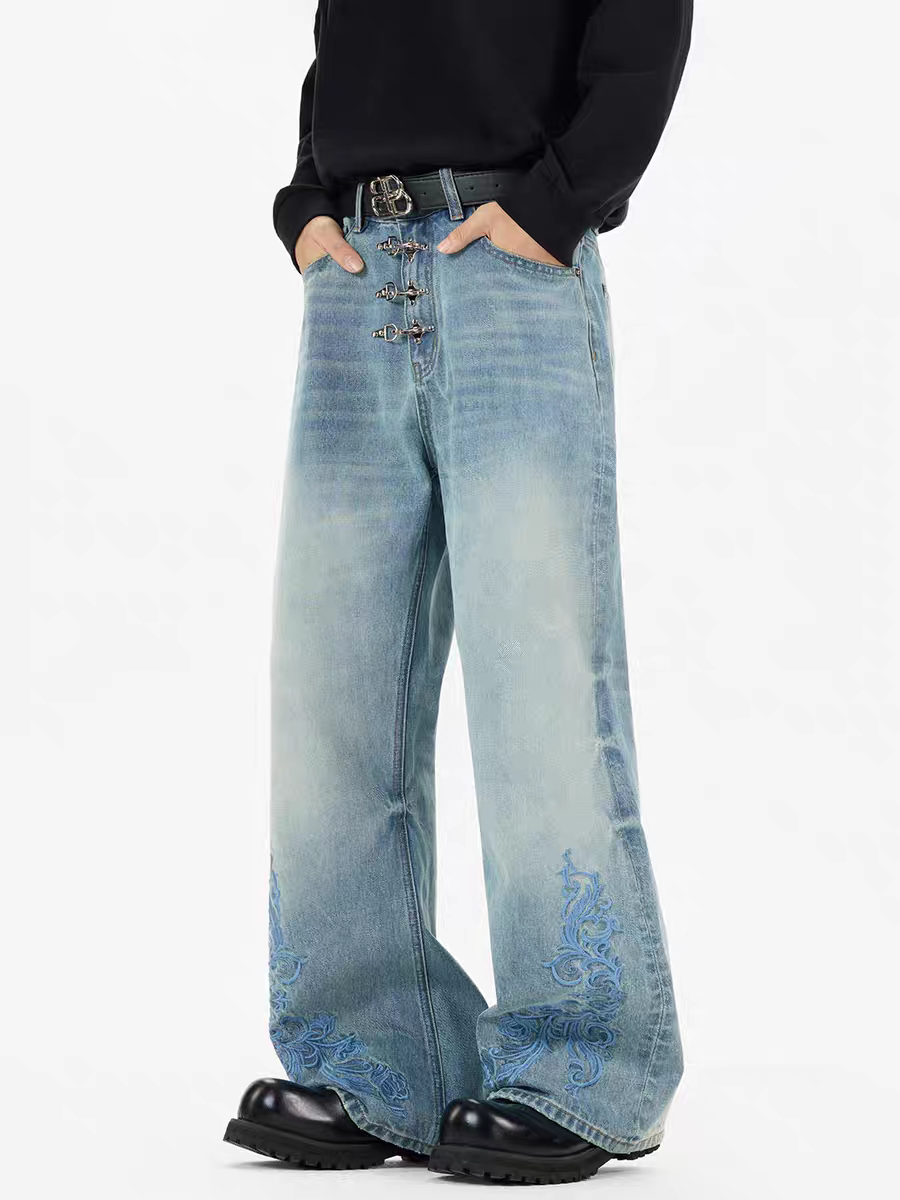 GKIKZ AZURE BLOOM BUCKLE-LOCK WIDE-LEG DENIM