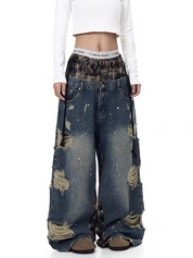 Grunge patchwork wide-leg denim jeans — women's streetwear