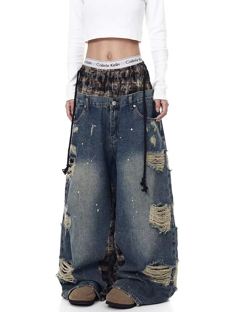 GKIKZ GRUNGE PATCHWORK WIDE-LEG DENIM PANTS