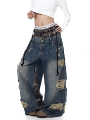 Grunge patchwork wide-leg denim jeans — women's streetwear